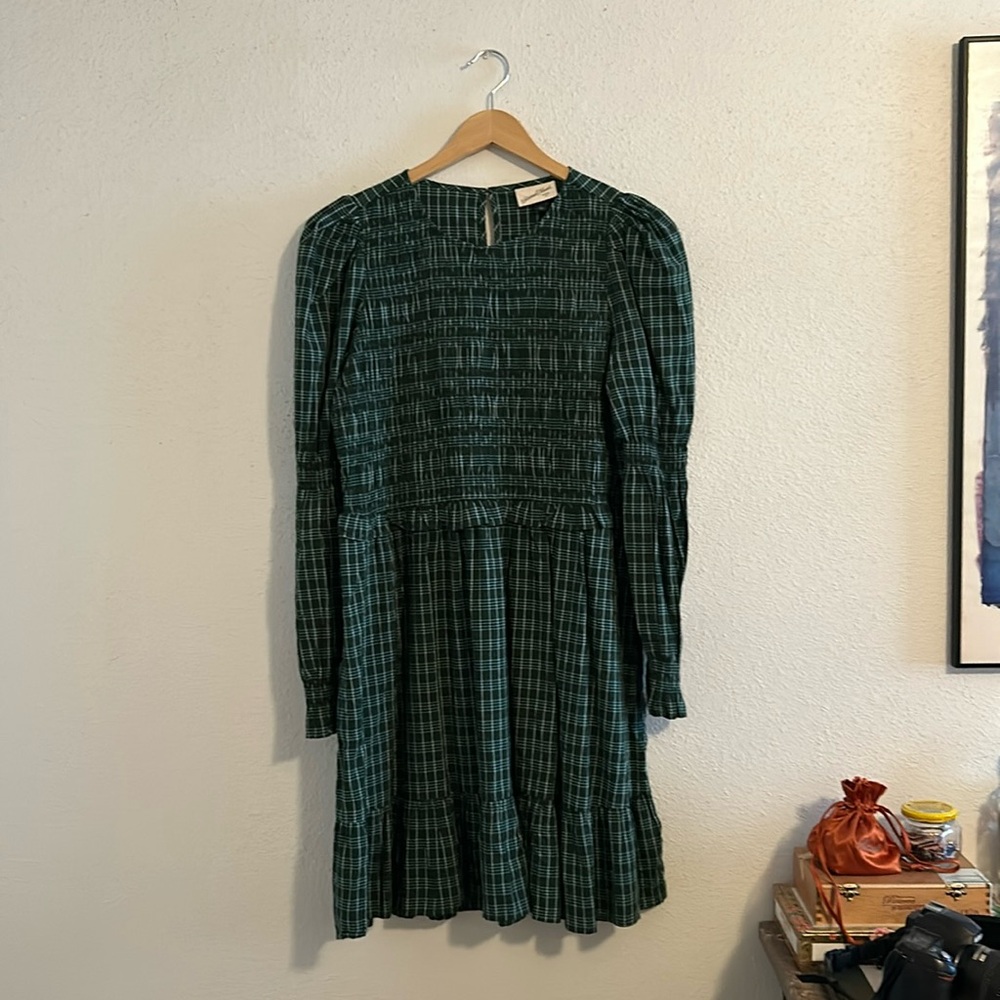 Universal Thread Smocked Dark Green Plaid Long Sleeve Dress